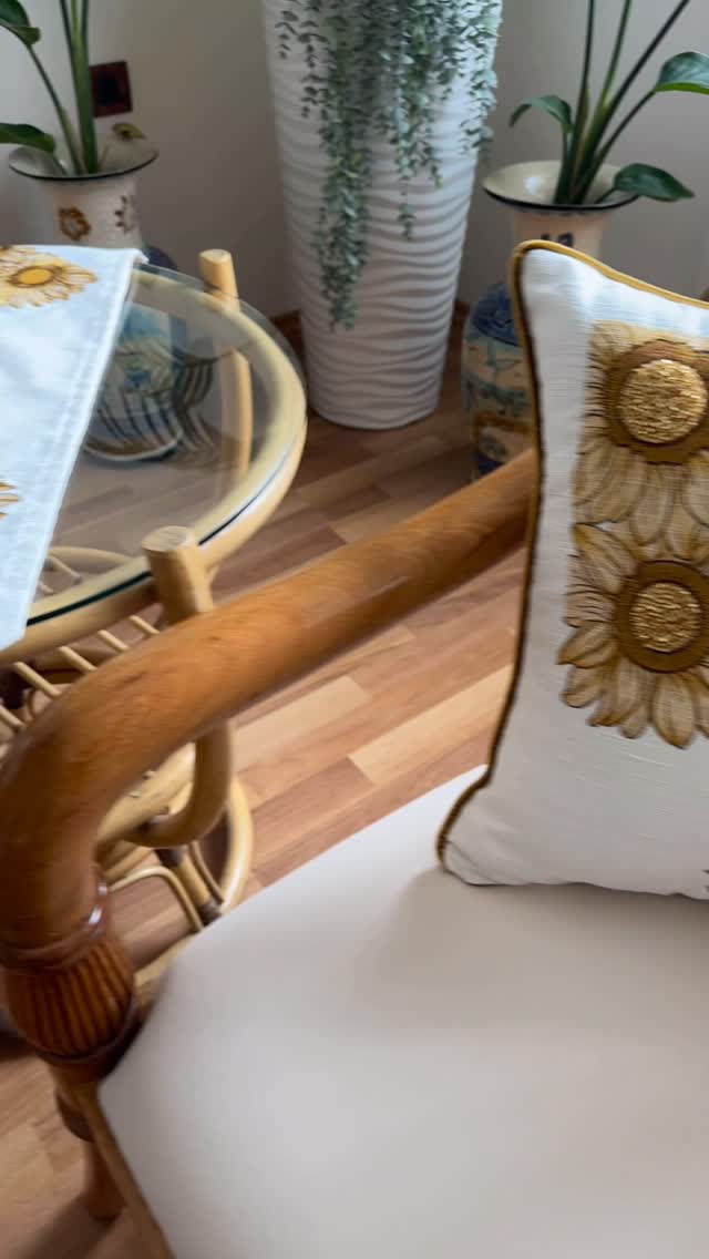 Sunflower Embroidered Cushion by Baysal Home, A decorative cushion with a vivid yellow sunflower motif and warm color palette.