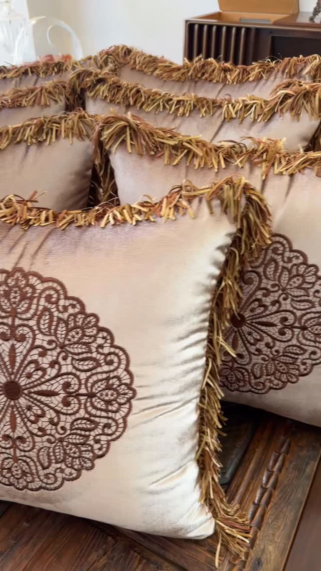 Cream Sofa Cushion Set by Baysal Home, Soft-toned floral embroidered cushions matched with cream sofas.